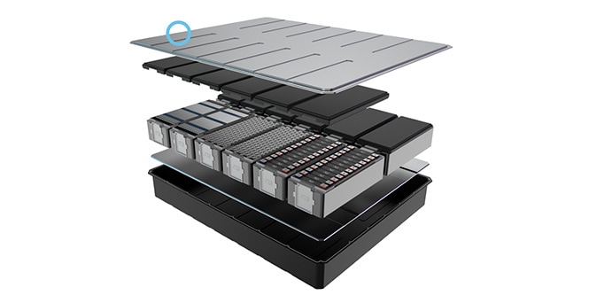 Exploded view of EV battery pointing out sheet molded composites placements
