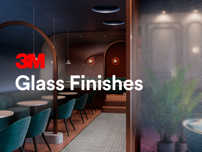 Interior of upscale restaurant dining interior decorated in jewel tones with glass dividers finished with 3M Glass Finish in a gradated dot pattern.
