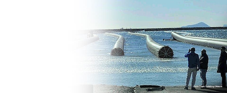 Distributed Bouyancy Modules, powered by 3M Glass Bubbles are photographed from the shore.