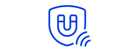 Icon of a shield with a magnet within and a wave attempting to penetrate from the bottom right, the icon is a blue line illustration with a white background.
