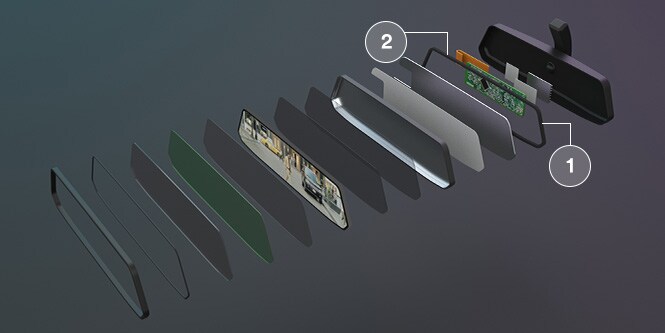3M cushioning and damping exploded view showing where various 3M products listed below can be used in an eMirror.

