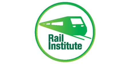 Rail institute logo with green drawing of rail car in a circle and red 3M logo in the corner.
