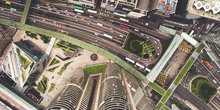 Ariel photograph of busy city.
