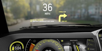 Automotive head-up windshield electronics display.
