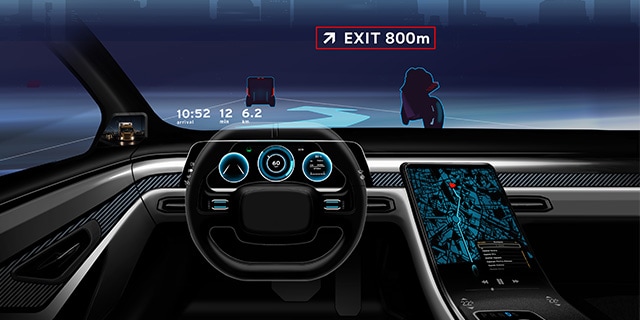 Head-up display for HMI showing the interior of a saloon.