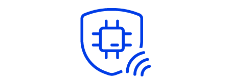 Icon of a shield with a computer chip within and a wave attempting to penetrate from the bottom right, the icon is a blue line illustration with a white background.
