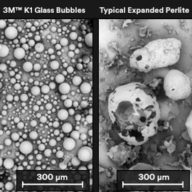 microscopic images of 3M Glass Bubbles K1 compared to perlite