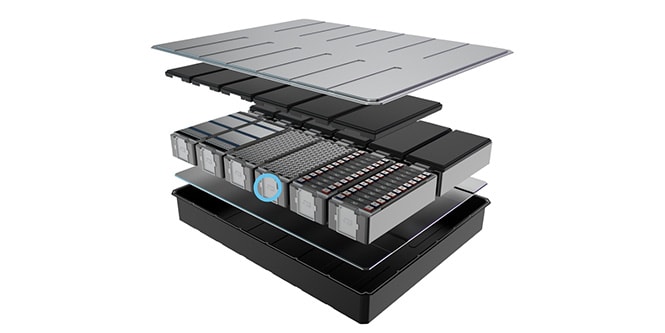 Exploded view of EV battery pointing out injection molded plastic parts placement
