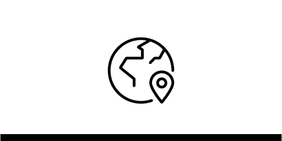 Black line art icon of a globe representing global reliability.
