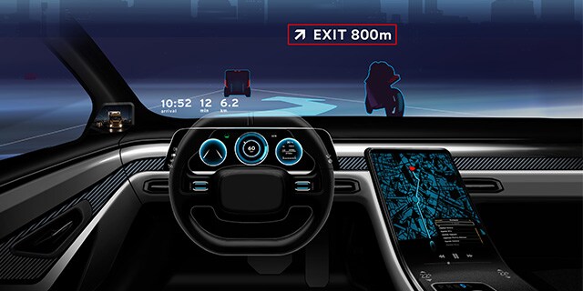 Head-up display for HMI showing the interior of a saloon.