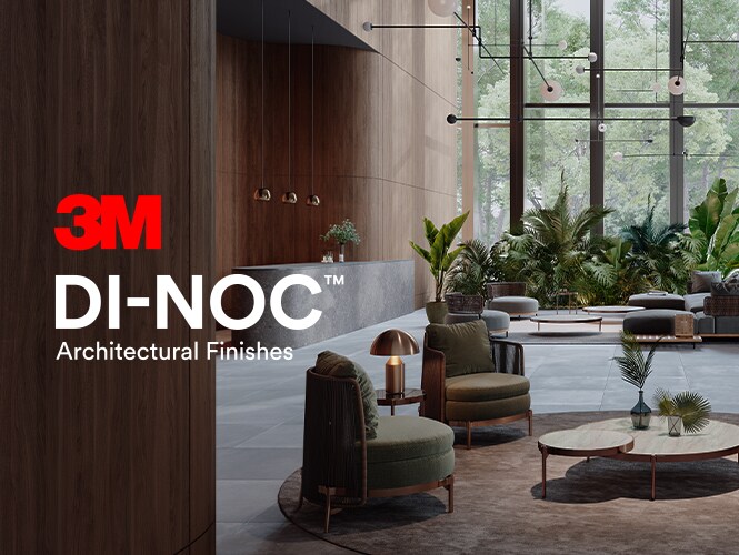 Modern, nature-inspired hotel lobby interior featuring callouts indicating 3M Architectural Finishes used throughout with 3M DI-NOC Architectural Finishes logo
