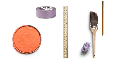 Image showing paint lid, 3M masking tape, ruler, pencil and paint brush
