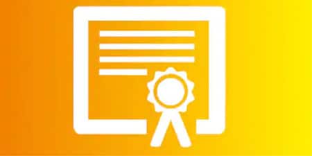 Orange/yellow background with a white certificate icon
