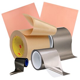 Product family shot of 3M electrically conductive tapes and gasket tapes. 