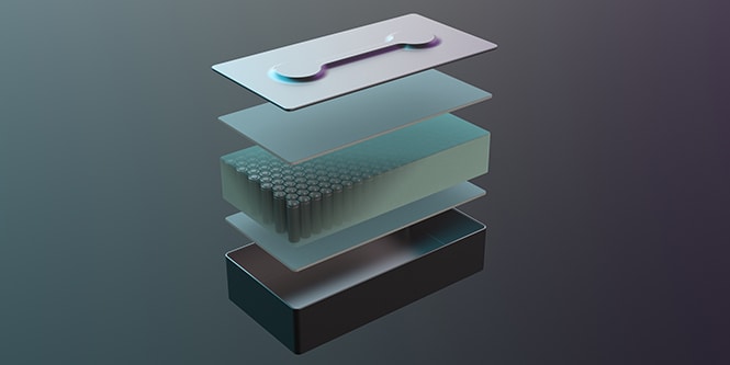 Lightweight potting resin with 3M Glass Bubbles positions and insulates cylindrical battery cells.
