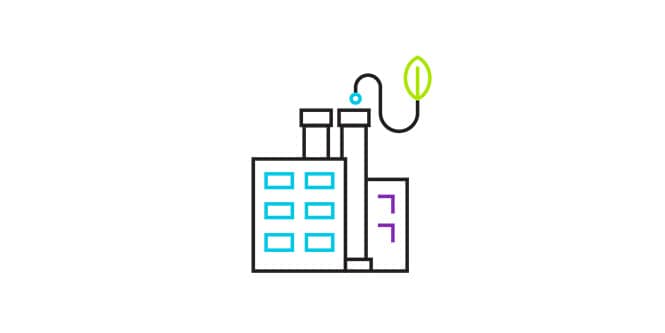 Line art icon of a green factory representing forward thinking manufacturing.
