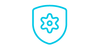 Icon of a gear within a shield, the icon is a teal line illustration with a white background.
