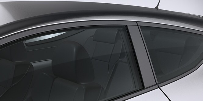 Blackout film on the door sash of a grey coupe.
