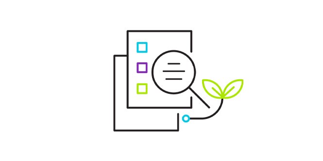 Line art icon of a magnifying glass searching a document representing regulatory knowledge.
