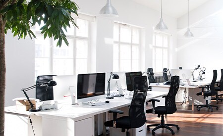 Modern white open concept office space with wall of windows and natural light shining in
