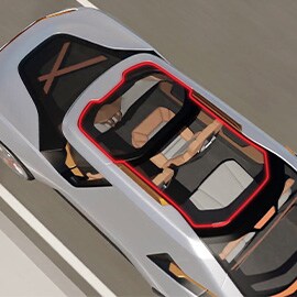 Birds eye view of 3M adhesive highlighted in red, showing the bonding of a moon roof to various material types.