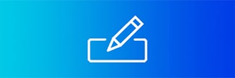 Blue background image with a pen and paper icon in white
