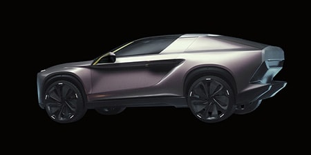 3D rendering of a futuristic coupé with a complex body design and large side windows.
