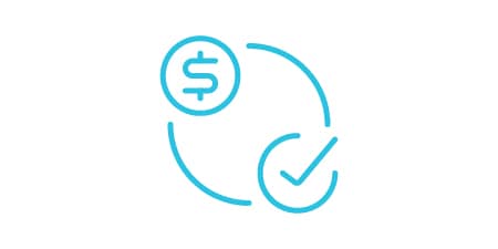 Material and labour savings icon of a circle with a money and check mark symbol.
