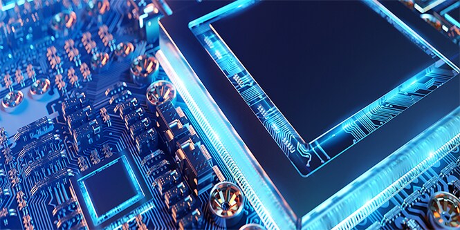 Close-up of a futuristic electronic circuit board with various electronic components.
