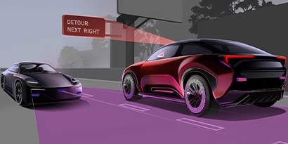 Rendering of a futuristic car sending out sensor waves.
