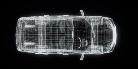 draft drawing of a vehicle on a black background
