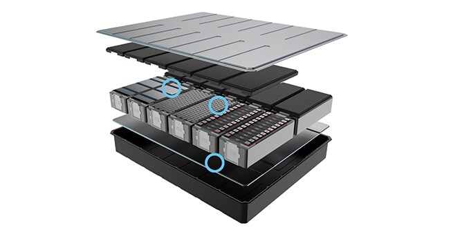 Exploded view of EV battery pointing out adhesives and gap fillers placements
