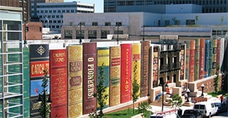 Outside of the Kansas City Central Library car park, wrapped in 3M Controltac Graphic Film, to appear like a giant row of books.