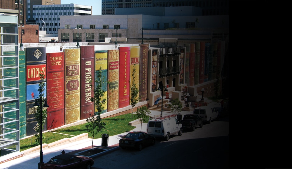 Outside of the Kansas City Central Library car park, wrapped in 3M Controltac Graphic Film, to appear like a giant row of books.
