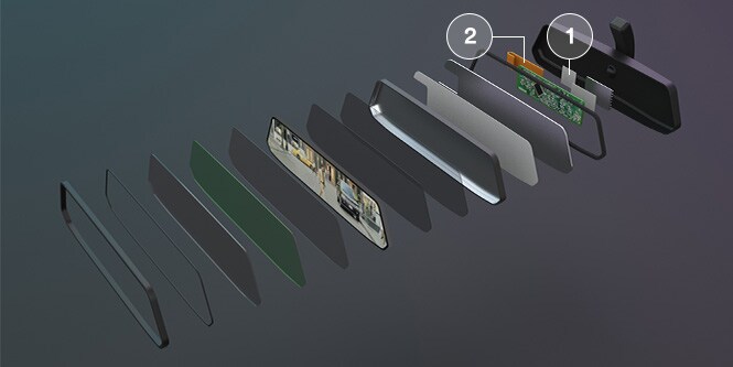 Rearview mirror exploded view showing where 3M EMI absorbers and 3M Electrically Conductive Tapes can be used.
