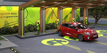 Ev charger station covered by pavement marking products.
