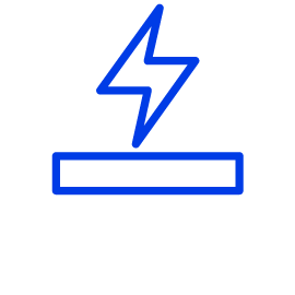 Blue lineart icon of lightning bolt above a surface representing electrically conductive foams