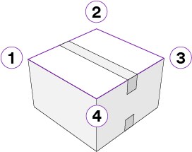 Drawing of a taped carton with the top panel outlined in purple and the top corners numbered 1 to 4