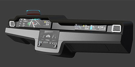 Highly detailed 3D rendering of a futuristic vehicle dashboard.
