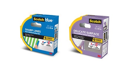 Scotch® Masking Tape shown in blue and purple packaging
