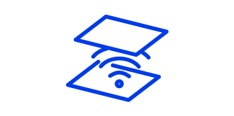 Icon of waves between two substrates, the icon is a blue line illustration with a white background.
