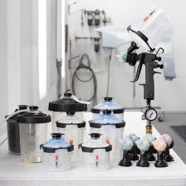 All components of a 3M Performance Spray Gun Kit such as nozzles, adaptors, cups, lids, liners, gun