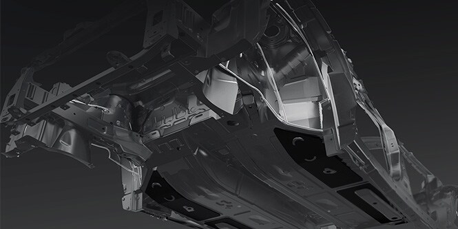 Vehicle chassis view from underneath
