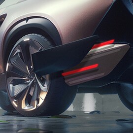 An intricate and detailed rear quarter panel on a futuristic vehicle