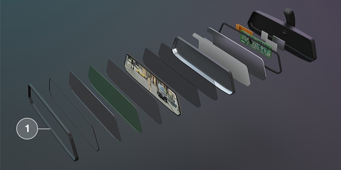 3M display bonding exploded view showing where 3M™ Thin Bond Tapes, 3M™ VHB™ Tapes, and Mirror Buttons with 3M™ Structural Bonding Tape can be used.
