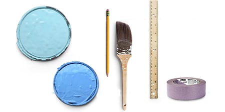 Image showing paint lids, ruler, pencil, brush and 3M masking tape

