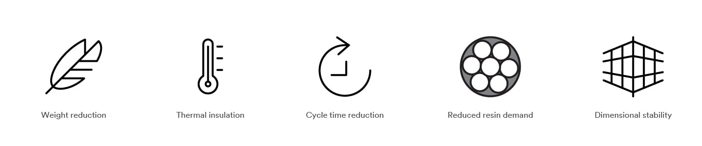 Icons for weight reduction, thermal insulation, cycle time reduction, reduced resin demand, and dimensional stability Icons for weight reduction, thermal insulation, cycle time reduction, reduced resin demand, and dimensional stability